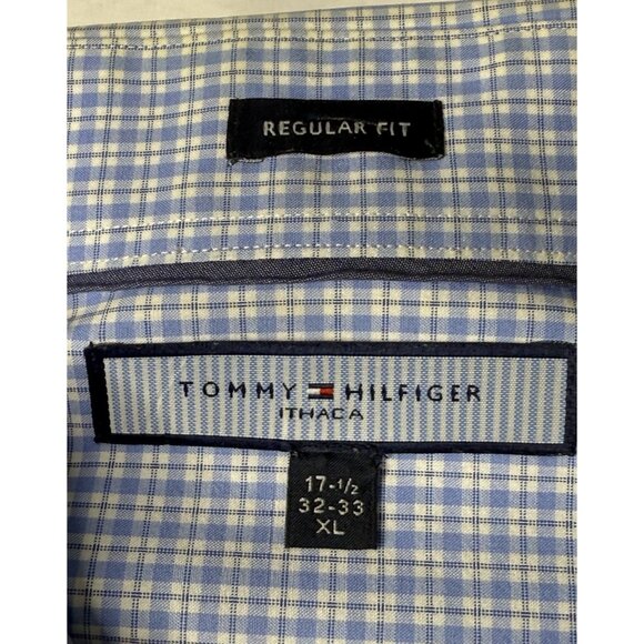 Tommy Hilfiger Mens XL Ithaca Dress Shirt 17.5 Blue‎ Plaid Long Sleeve Regular - Picture 3 of 4